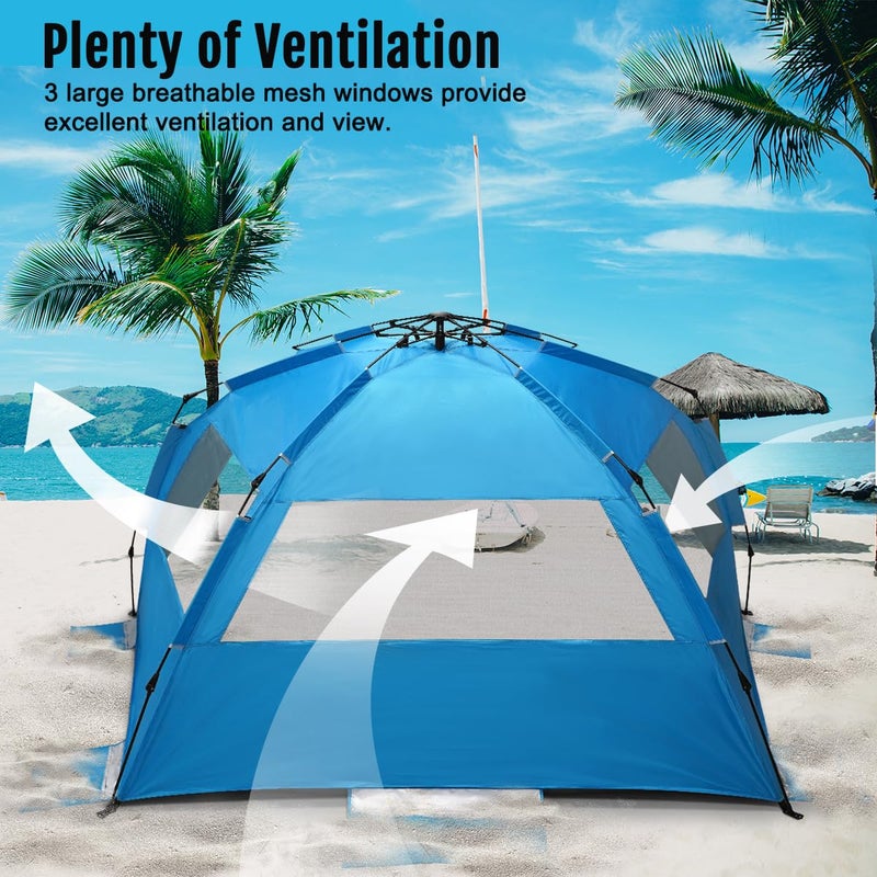 WhiteFang Deluxe XL Pop Up Beach Tent Sun Shade Shelter for 3-4 Person, UV Protection, Extendable Floor with 3 Ventilating Windows Plus Carrying Bag, Stakes, and Guy Lines (Solid Blue) - Image 4